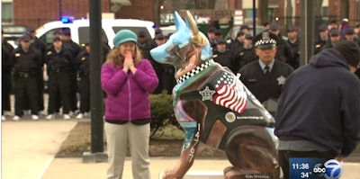 Officer Thor Soderberg's widow Jennifer Loudon appreciates the memorial to her fallen husband. The memorial was unveiled outside the Chicago Police Academy Friday.