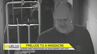 Newly released surveillance video shows Las Vegas gunman Stephen Paddock in the days before he opened fire from his Mandalay Bay hotel room, killing 58 people. (screenshot: CBS This Morning)