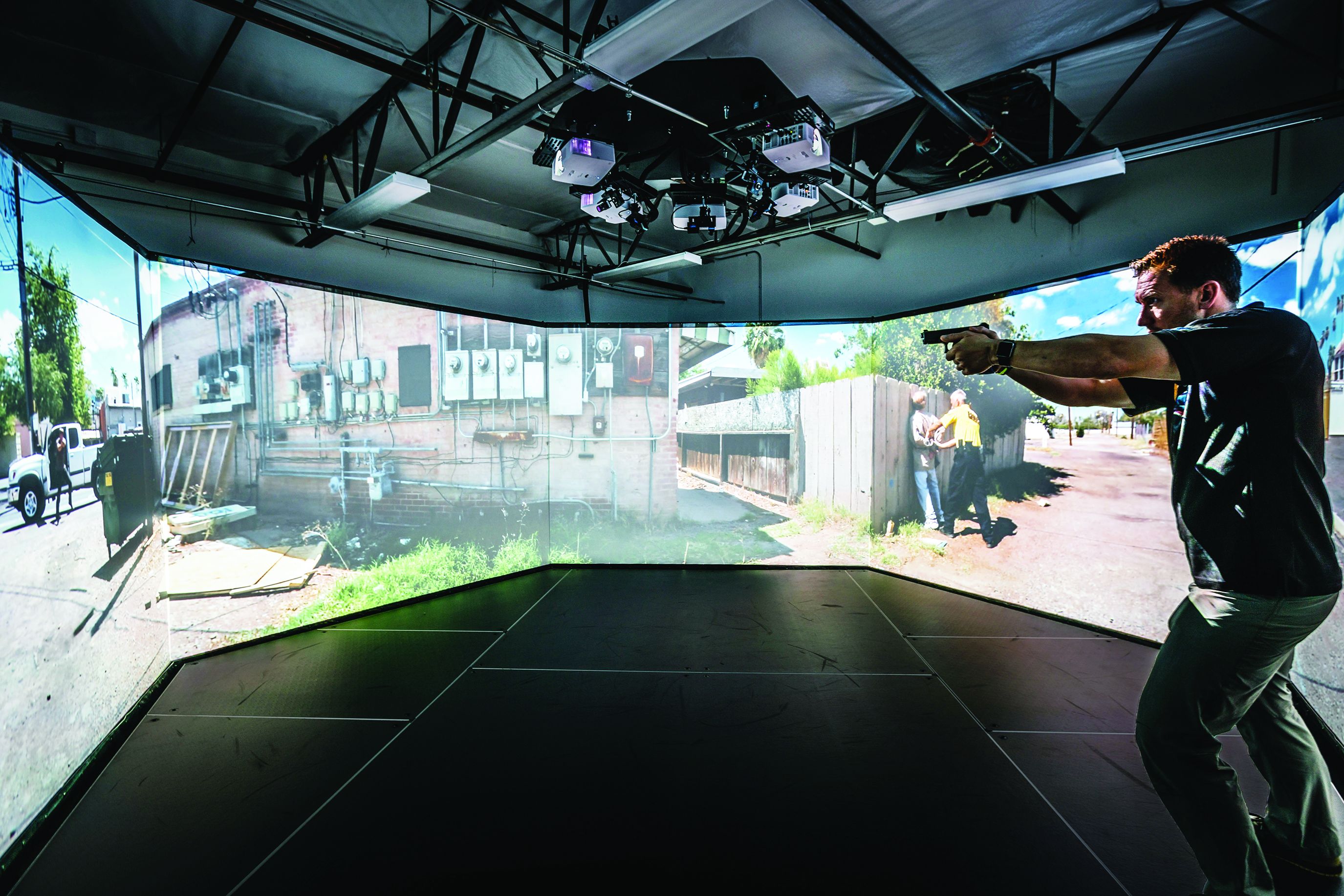 Inside the Virtra 300 wraparound simulator at Haley Strategic Train, students learn to apply scientific research principles to improve shooting and judgment skills. (Photo: Haley Strategic Train)