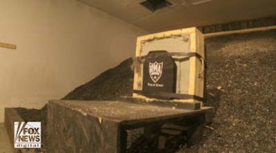 Hard armor plate from RMA Armament undergoing tests for penetration and backface deformation.