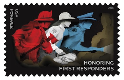 The new USPS stamp features a firefighter, an EMS worker, and a law enforcement officer all racing into action, with the officer 'shining a flashlight toward unknown danger ahead. Photo: US Postal Service