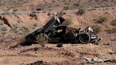 This wrecked McLaren 720 was found in the desert last week by Nevada troopers. Despite the apparent violence of the crash, the occupants walked away. (Photo: Nevada Highway Patrol)