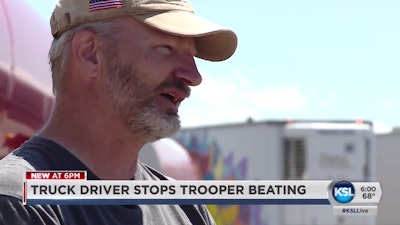 Darren Phillips knew he had to help. So, he stopped his 18-wheeler in the passing lane to help the trooper who was struggling with a suspect grabbing for his gun. Photo: KSL screenshot