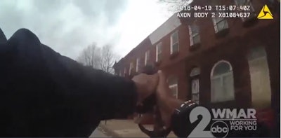 Baltimore Police have released body-worn camera video of an April 19 incident in which an officer ran toward a hail of gunfire nearby. Photo: WBAL-TV screenshot