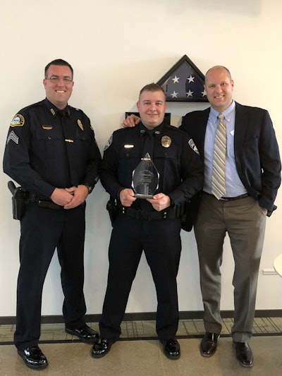 The Stop Stick Hit of the Year program recognizes the best annual deployment of Stop Stick in the United States. Sgt. Paul Ryan of the Monroe (WA) Police Department (left) nominated Officer Joe Stark (middle, formerly of the Monroe Police Department and now a member of the Bonney Lake Police Department in Washington) for Hit of the Month. Stark was then selected to receive the Stop Stick Hit of the Year Award for his effective and safe use of the tire deflation device in a uniquely dangerous situation. Pictured on the right is Stop Stick National Sales Director Adam Freeman. (Photo: Stop Stick)