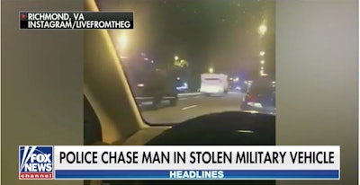 Virginia officers were led on a more than 60-mile highway chase Tuesday night by a soldier in a stolen armored personnel carrier.