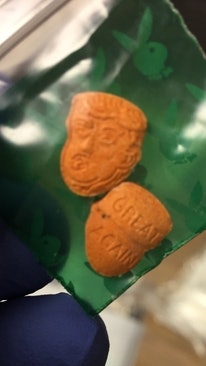Among the illegal drugs seized were what police describe as “Trump-shaped ecstasy pills,” with an image of the president on one side, and the words “great again” printed on the other. Image courtesy of Indiana State Police.