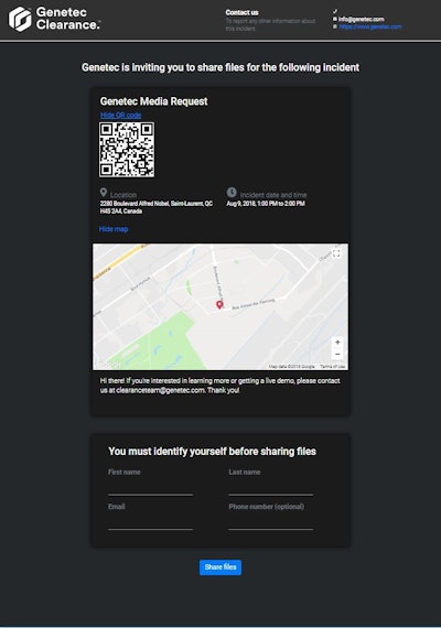 Genetec's new 'File Request' feature helps businesses, security guards, and bystanders to share digital evidence with investigators. Photo: Genetec