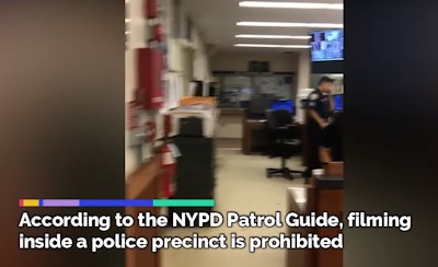 Sergeant Freddie Lopez can be seen on video attempting to quiet the man and prevent him from recording the confrontation on his mobile phone — the NYPD Patrol Guide states that filming inside a police precinct is prohibited, and those who do so can be arrested.