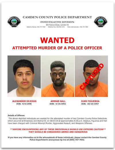 The Camden County (NJ) Police Department said in a Tweet that they have captured one of the three men wanted in connection with the ambush attack on two plainclothes detectives. Image courtesy of Camden County PD / Twitter.