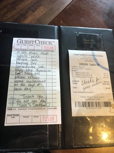 Sergeant Michael Burkett, Officer Jared McKinney, and Officer Brandon Zwick chose a Tony's Brick Oven Pizzeria in downtown Gulfport in part because it was so close to the PD where they were training. Image courtesy of Sergeant Michael Burkett.