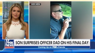 Officer Duane Ledoux — who served with the Southbridge Police Department for more than 30 years — became emotional when the final radio call announcing his retirement was delivered by his own son. Ledoux's son Nate had flown across the country to send his father off.