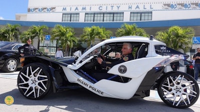 Miami PD's new three-wheel Polaris Slingshot was donated by the company to be used as a head-turning vehicle for community outreach. Photo: Miami PD