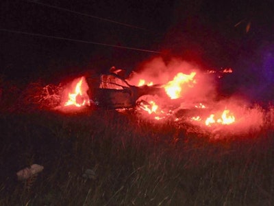 Cleveland County (OK) Sheriff's Deputy Kyle Turner risked jumping over downed power lines to save a man from this burning car. The deputy serves as a volunteer firefighter and has been trained in the dangers of downed power lines.