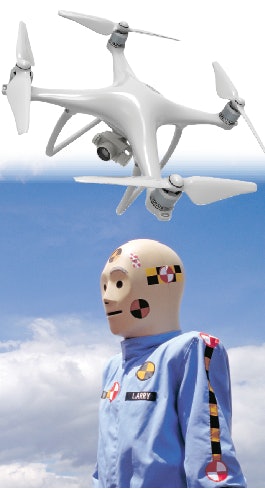 The resultant impact of a plastic rotary drone to the crash test dummy was between 9 foot-pounds and 233 foot-pounds, depending on the angle and speed of the falling drone. (Photos: Getty Images)