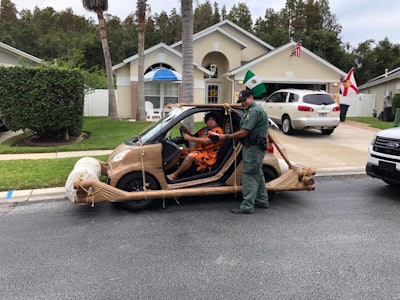 Deputies with the Pasco County (FL) Sheriff's Office pulled over a car modified to look like the vehicle driven by the cartoon character Fred Flintstone. Image courtesy of Pasco SO / Facebook.