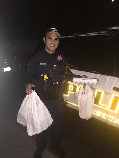 An officer with the Benicia (CA) Police Department responded to a welfare check call, discovering an elderly woman whose out-of-town family had not been able to contact her. A week later, he returned to see if she needed anything. Image courtesy of BPD / Facebook.