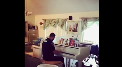 After an elderly man fell and injured himself last month police officers and firefighters in Pembroke Pines, FL, responded to render aid. One officer spotted a piano and proceeded to play 'Don't Stop Believin'' by Journey to comfort the family. Image courtesy of Pembroke Pines PD / Facebook.