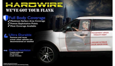 Hardwire's police car door and window armor attaches quickly to a vehicle's exterior and fits into existing vehicle window openings.