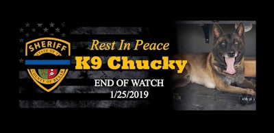 K-9 'Chucky' was struck by gunfire as the dog was attempting to subdue a subject who opened fire on police who had pursued the man for nearly 30 minutes.