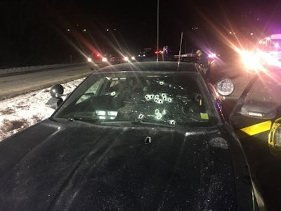 The windshield of Trooper Timothy Conklin's patrol vehicle shows the fury of his gunfight with suspect Nicholas Philhower. The suspect was killed. Trooper Conklin was wounded. He has been released from the hospital. (Photo: New York State Police)