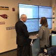 Retired Police Commissioner Bill Bratton alongside Verizon Director of Network Assurance Michelle Kababik in the Atlanta Command Center in advance of Super Bowl LIII.