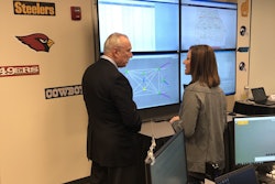 Retired Police Commissioner Bill Bratton alongside Verizon Director of Network Assurance Michelle Kababik in the Atlanta Command Center in advance of Super Bowl LIII.