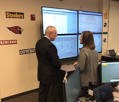 Retired Police Commissioner Bill Bratton alongside Verizon Director of Network Assurance Michelle Kababik in the Atlanta Command Center in advance of Super Bowl LIII.