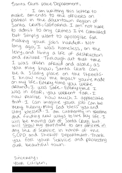 The Santa Cruz (CA) Police Department posted an image to Facebook of a handwritten not it received from an individual that agency had previously arrested for undisclosed crimes.