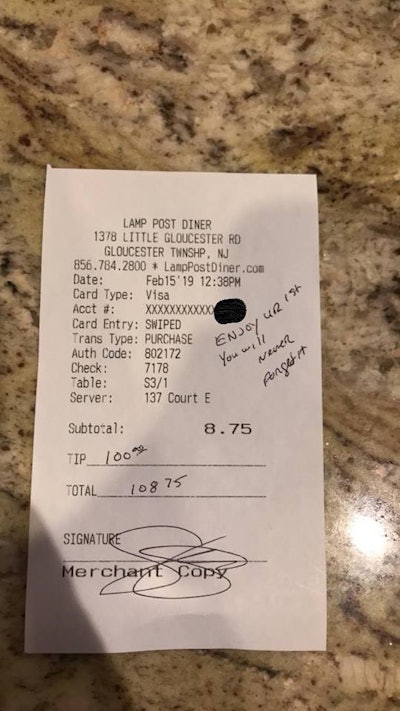 A New Jersey officer left a pregnant restaurant server a $100 tip.