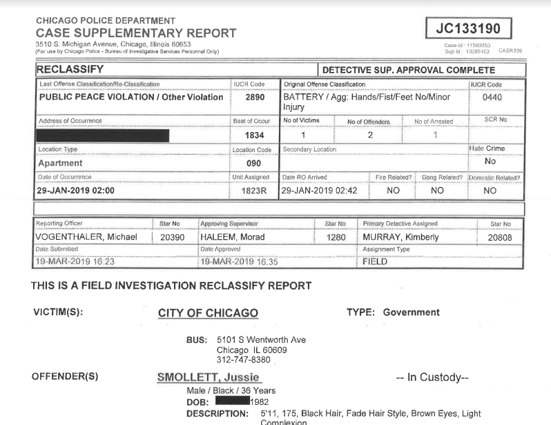 Screen capture of Jussie Smollett police report released by the Chicago Police Wednesday. (Photo: CWBChicago.com/Facebook)