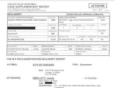 Screen capture of Jussie Smollett police report released by the Chicago Police Wednesday. (Photo: CWBChicago.com/Facebook)