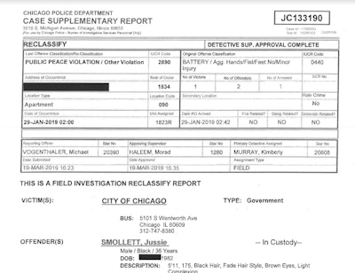 Screen capture of Jussie Smollett police report released by the Chicago Police Wednesday. (Photo: CWBChicago.com/Facebook)