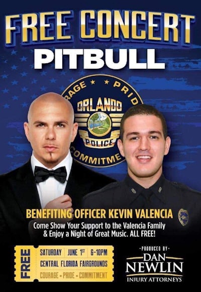 The music artist known as Pitbull will hold a free concert to benefit badly wounded Orlando Police Officer Kevin Valencia and his family.