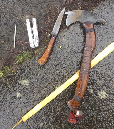 Edged weapons seized following the arrest of a man behaving erratically near a middle school in Portland.
