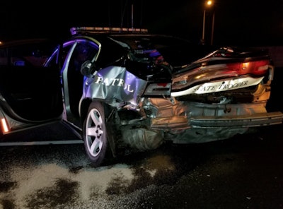 A trooper with the Colorado State Police was injured early Monday morning when a suspected DUI driver crashed into his parked patrol vehicle.
