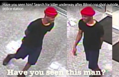 Images of suspect in murder of Biloxi, MS, police officer. The man reportedly approached the uniformed officer and opened fire. The officer died at a local hospital. A manhunt is under way for the suspect. (Photo: Sun Herald Screen Shot)