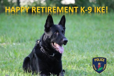The agency posted several images on Facebook with the caption, 'Congratulations to K-9 Ike on his retirement from the Jupiter Police Department! K-9 Ike spent seven years protecting our community to keep us safe. We hope he enjoys his retirement dog days relaxing and drinking Puppuccinos. Thank you for your service K-9 Ike.'