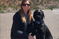 Crime victims, witnesses, and first responders in the city of Pinole, CA, will now have access to a 70-pound black Labrador retriever—named Milo—to help them with emotional support. Here, Milo is training with his handler, Pinole Police Officer Jennifer Witschi. (Photo: Pinole PD)