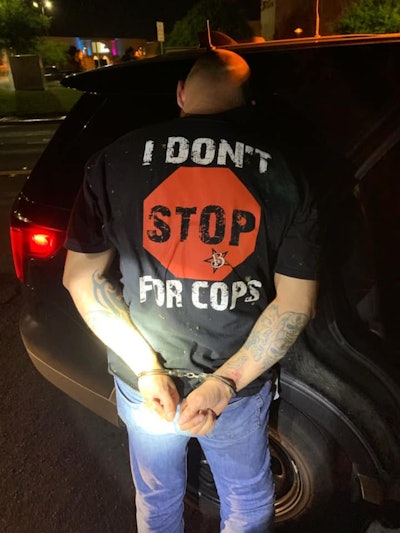 The California Highway Patrol Fresno Division had some fun with the arrest of a man who led them on a pursuit over the weekend. The agency posted a picture on Facebook of the man's back, hands in handcuffs, with a t-shirt that read, 'I don't stop for cops.'