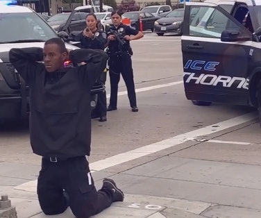 Hawthorne, CA, police detain a robbery suspect. The incident was captured live on Instagram by a civilian and spread on social media. The video has led to claims of excessive force. (Photo: Instagram Video Screen Shot)