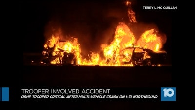 Screen grab of news report of head-on collision involving an Ohio State Highway Patrol Trooper and another driver.