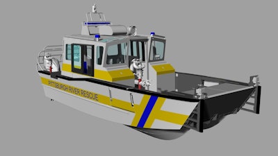 This is a rendering of the Lake Assault Boats 30-foot EMS river rescue vessel ordered by the City of Pittsburgh (PA) River Rescue Unit.