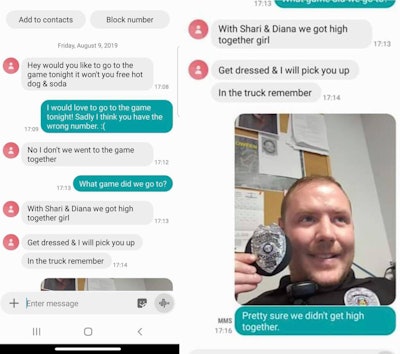 A woman errantly sent a text message to an officer with the Winfield (MO) Police Department in which she claimed that they 'got high' together.