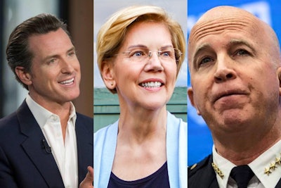 California Governor Gavin Newsom, Democratic presidential hopeful Elizabeth Warren, and NYPD Police Commissioner James O'Neill (left to right) have all made headlines in the past couple of weeks that may lead to worsening the continuing trends of deadly hesitation and de-policing in America.