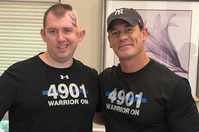 WWE and action movie star John Cena paid a surprise visit to the home of Cem Duzel, a Colorado Springs police officer who suffered a severe gunshot wound to the head in 2018.