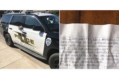 An officer with the Odessa Police Department took to social media to thank a woman who left a kind note of gratitude for his service and the service of his fellow officers to their community.