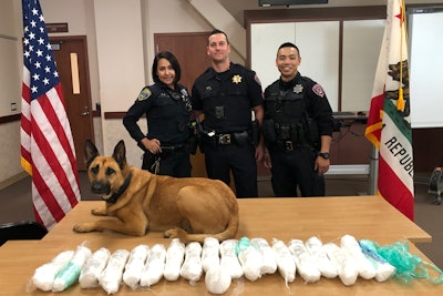 K-9 Ajax of the San Mateo (CA) Police Department is being credited for the seizure of 23 pounds of methamphetamine at a traffic stop.