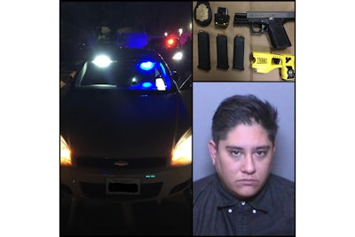 A woman who was stopped by Costa Mesa (CA) Police because her Chevy Impala had an unauthorized light bar and 'CA Exempt' license plates was arrested early last week for impersonating a police officer.