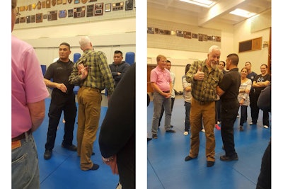 POLICE Magazine Contributing Web Editor Doug Wyllie volunteering for the role of crash test dummy during the instruction of compliance holds in the mat room of the San Francisco Police Academy during the SFPD CPA #27 in spring of 2017.